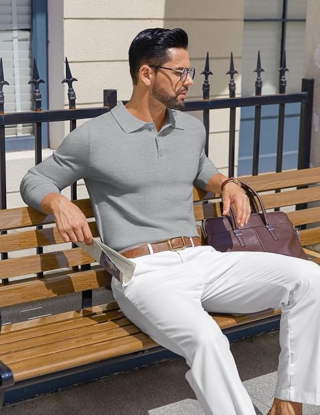 Men's Long Sleeve Knit Polo Jumper Slim Fit